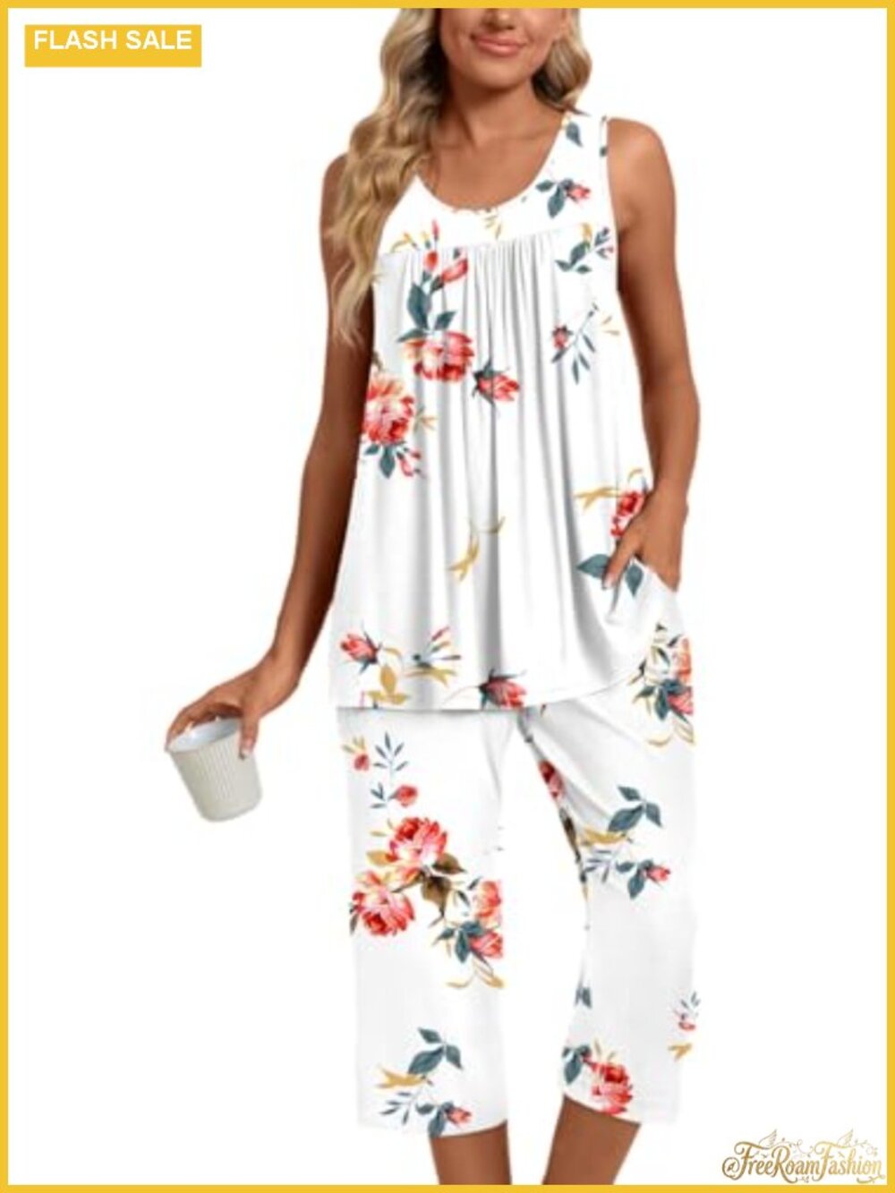 Sleeveless Capri Pajama Set 2 Piece Soft Rayon Spandex Summer Sleepwear Pockets